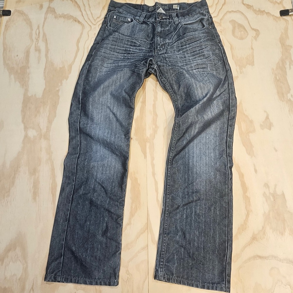 Old Skool Mens 32 Dark Wash Straight Leg Y2K Jeans Whiskered Embroidered Pockets